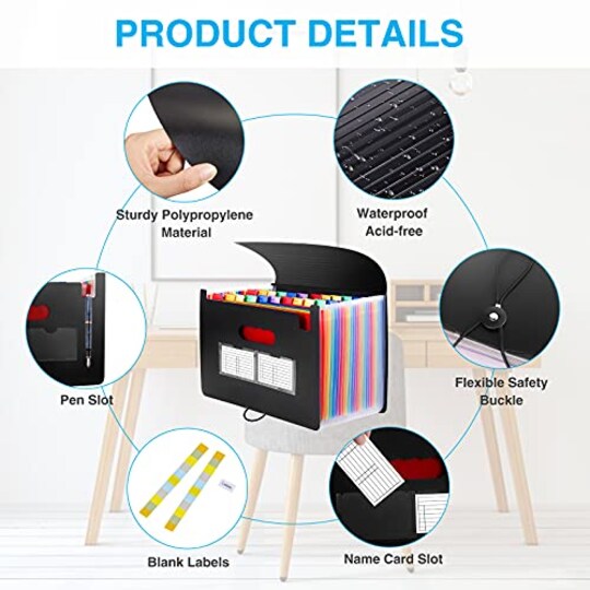 24 Pockets Expanding File Folder with Blank Labels, According File Organizer with Expandable Cover, Desktop Accordion Folders Letter A4 Paper Document Storage Organizer, Black